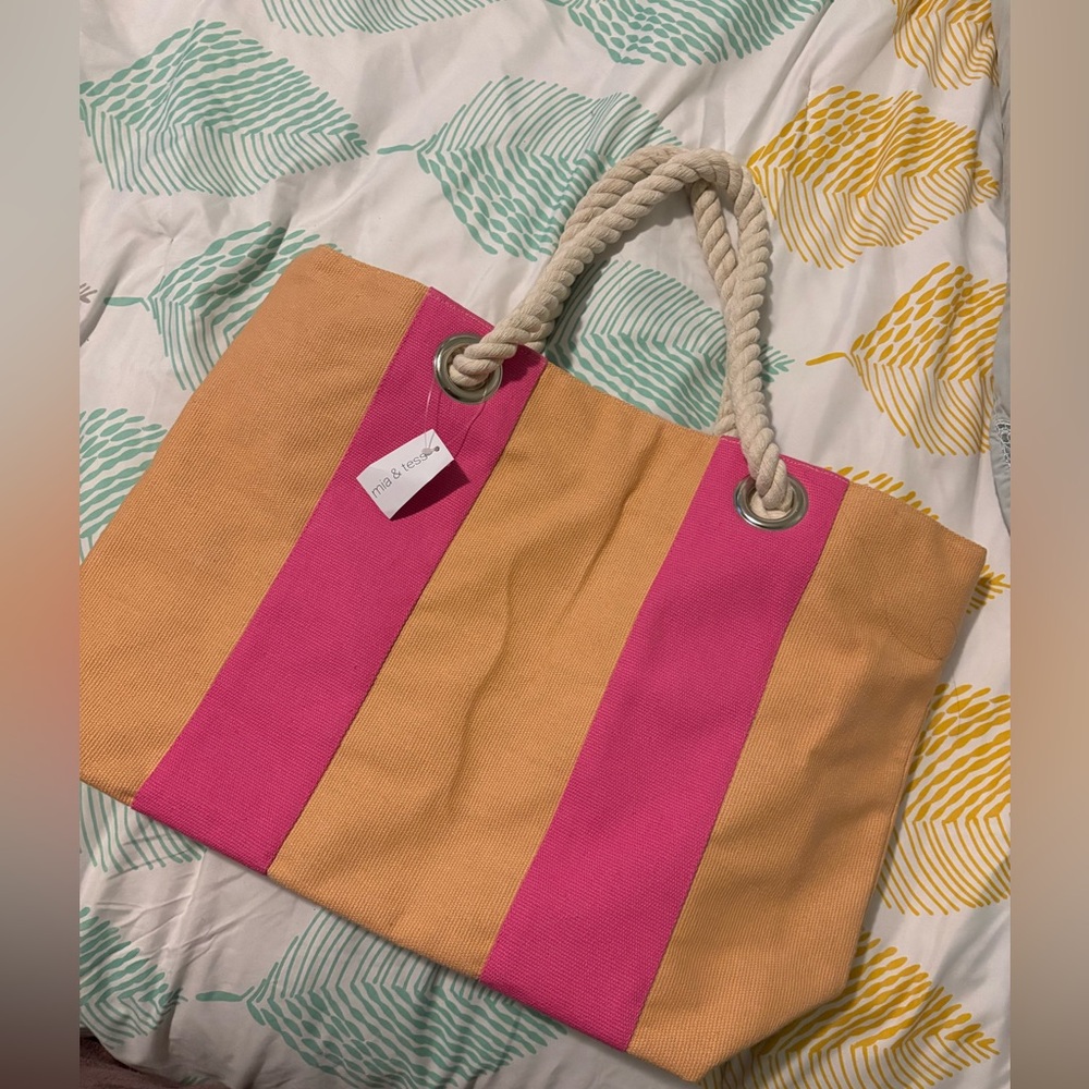 Mia & Tess Peach & Neon Pink Canva Beach Tote Bag * NWT